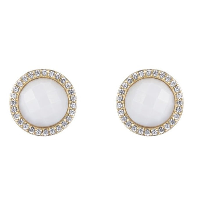 Marcia Moran 18k gold plating encircle a half dome of Mother of Pearl surrounded by Cubic Zirconia