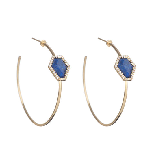 Marcia Moran 18k gold plated hoops with geometric shape stone in Lapis