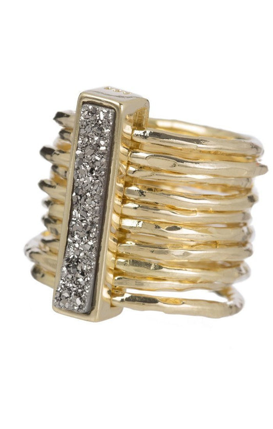 Marcia Moran multiband ring in gold and titanium druzy rectangular stone