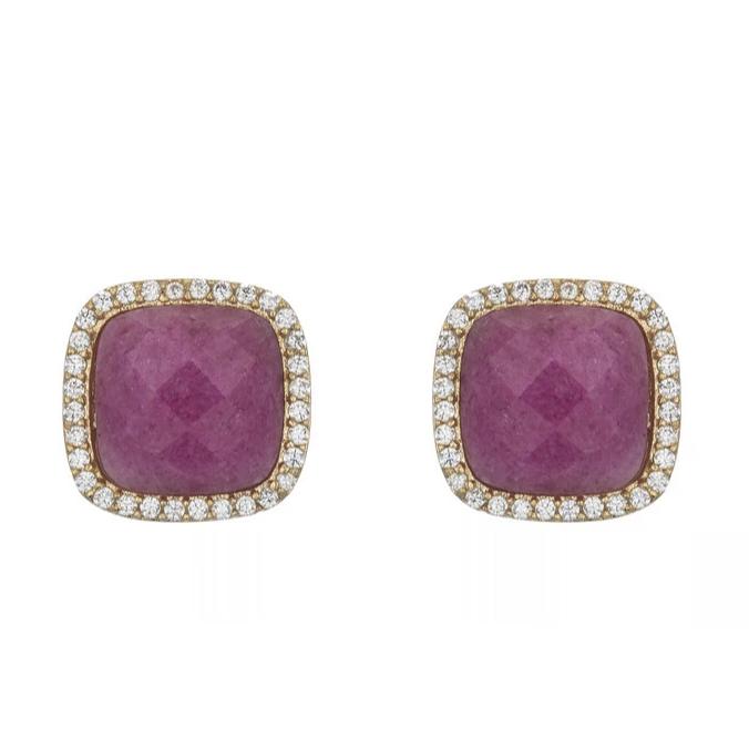 BB195e Affinity and Piper CZ Framed Classic Square Unique Stud Earrings by Marcia Moran in Fuschia Fuchsia Pink Burgundy Quartz with 18k Gold Brazilian Los Angeles Jewelry Semiprecious Gemstone 