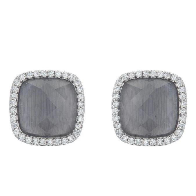 BB195e Affinity and Piper CZ Framed Classic Square Unique Stud Earrings by Marcia Moran in  Rhodium Silver Dark Cats Eye Grey Agate Silver Brazilian Los Angeles Jewelry Semiprecious Gemstone 