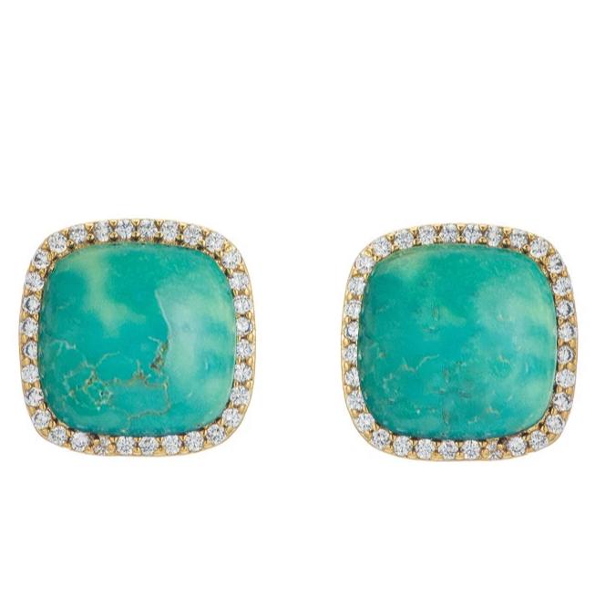 BB195e Affinity and Piper CZ Framed Classic Square Unique Stud Earrings by Marcia Moran in Turquoise with Rhodium Gunmetal Black Pewter Brazilian Los Angeles Jewelry Semiprecious Gemstone 
