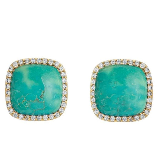 BB195e Affinity and Piper CZ Framed Classic Square Unique Stud Earrings by Marcia Moran in Turquoise with Rhodium Gunmetal Black Pewter Brazilian Los Angeles Jewelry Semiprecious Gemstone