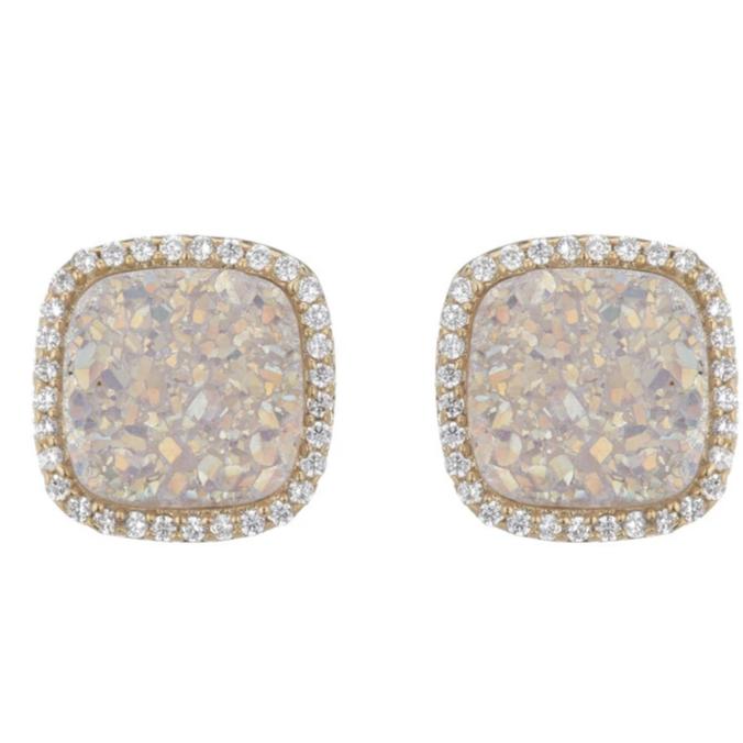 BB195e Affinity and Piper CZ Framed Classic Square Unique Stud Earrings by Marcia Moran in Natural White Druzy Iridescent Druzy Natural Druzy Core of The Agate Druzy Quartz with 18k Gold Brazilian Los Angeles Jewelry Semiprecious Gemstone 
