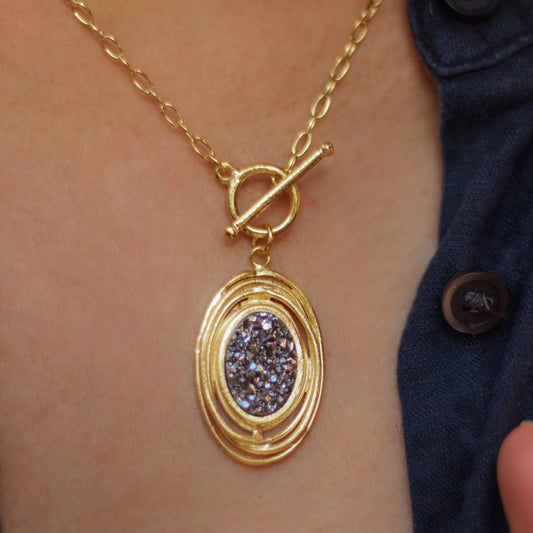 Retha Titanium Druzy T Bar Oval Necklace