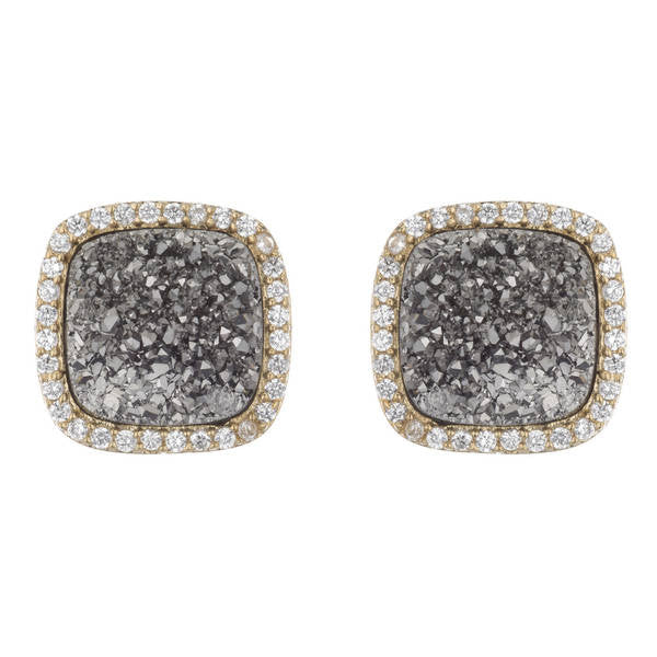 BB195e Affinity and Piper CZ Framed Classic Square Unique Stud Earrings by Marcia Moran in Titanium Druzy Silver Druzy Core of The Agate Druzy Quartz with 18k Gold Brazilian Los Angeles Jewelry Semiprecious Gemstone 