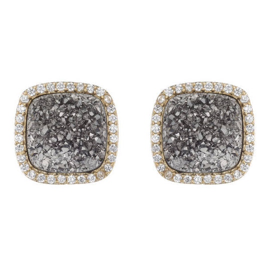 BB195e Affinity and Piper CZ Framed Classic Square Unique Stud Earrings by Marcia Moran in Titanium Druzy Silver Druzy Core of The Agate Druzy Quartz with 18k Gold Brazilian Los Angeles Jewelry Semiprecious Gemstone 