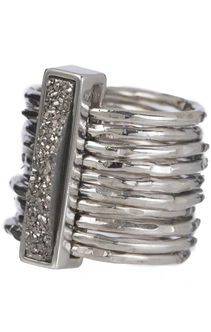 Marcia Moran multiband ring in rhodium and titanium druzy rectangular stone 