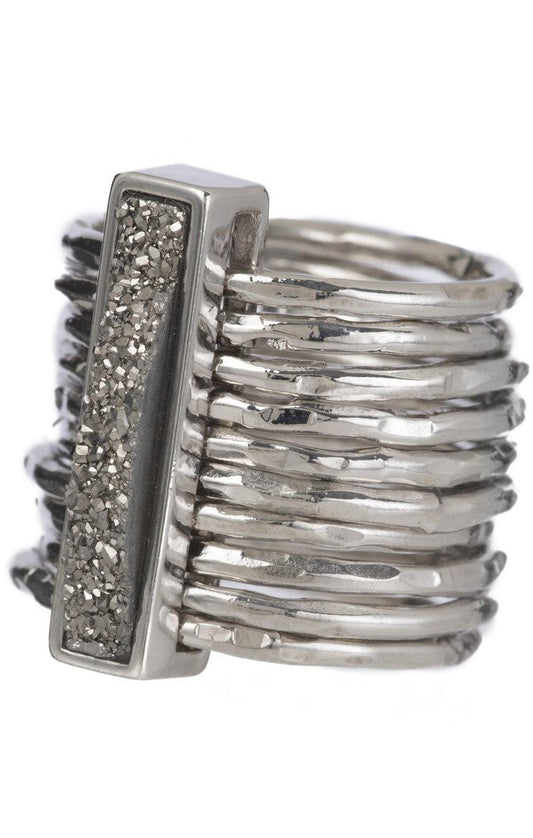 Marcia Moran multiband ring in rhodium and titanium druzy rectangular stone