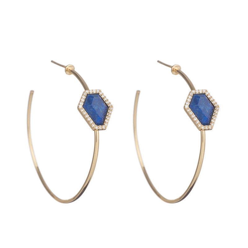 Marcia Moran 18k gold plated hoops with geometric shape stone in Lapis