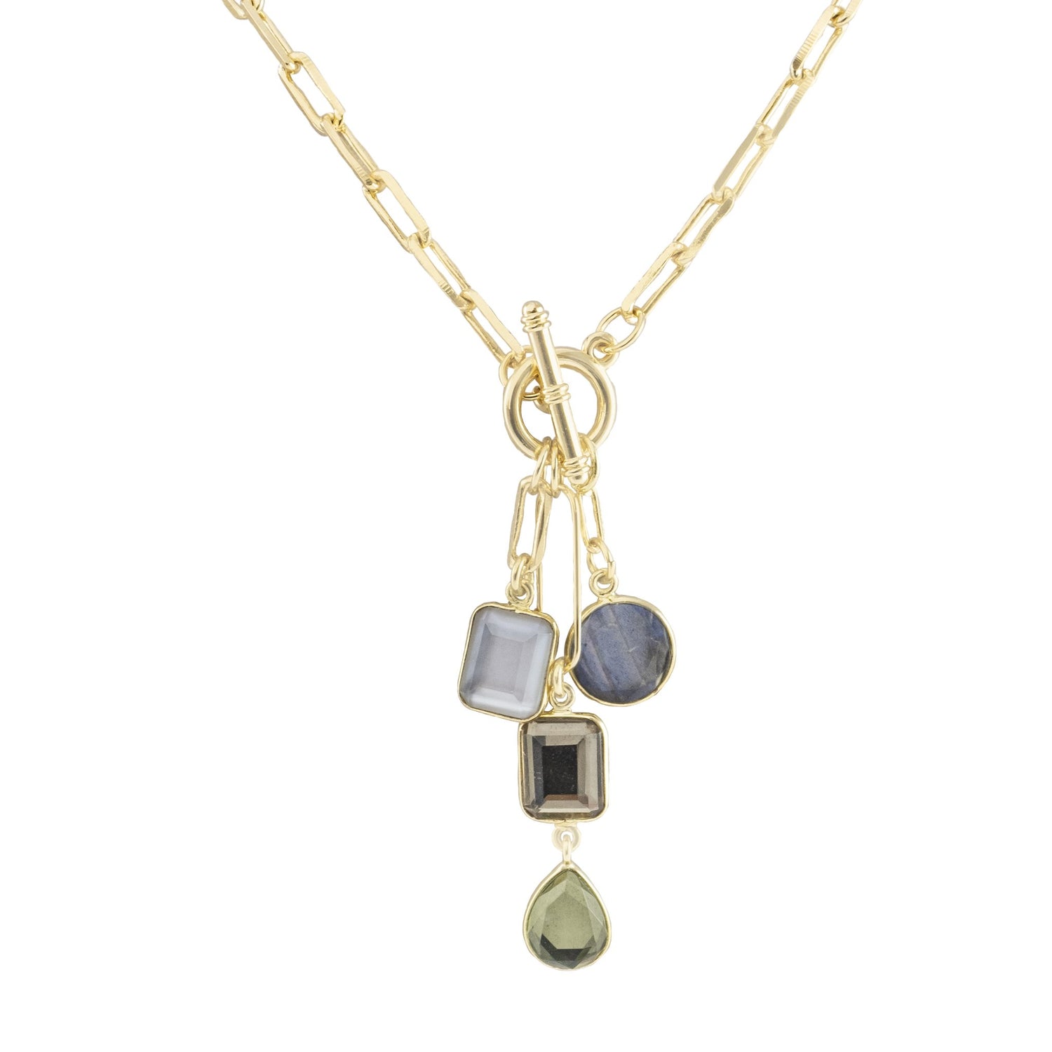 delicate short necklace with a multi-shape stone charms with front toggle